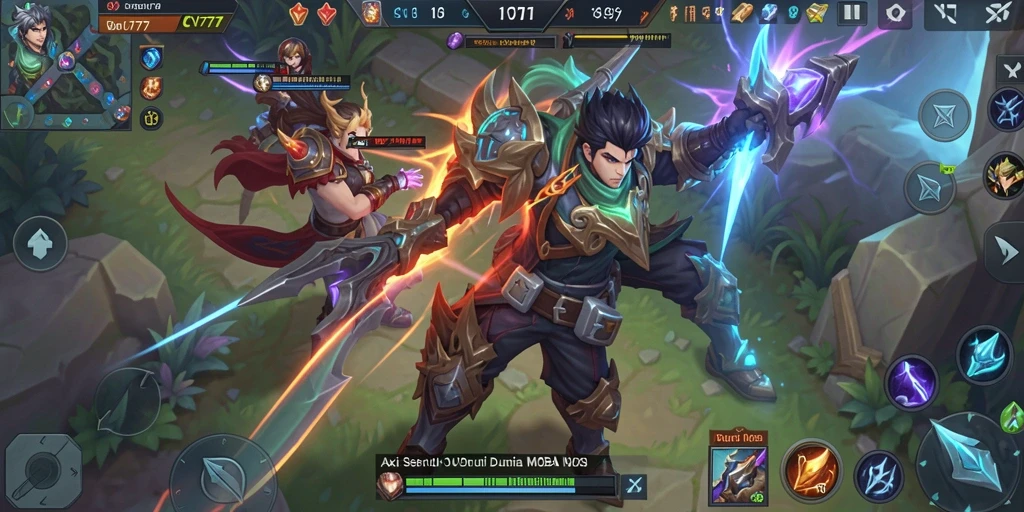 Tampilan screenshot menunjukkan aksi seru dalam permainan MOBA.