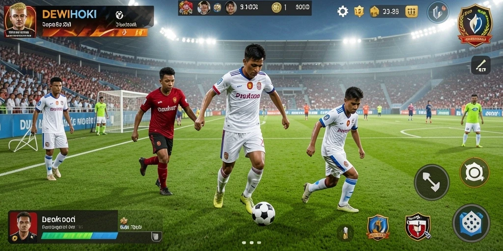 Tampilan gameplay DEWIHOKI yang seru dalam pertandingan sepak bola.