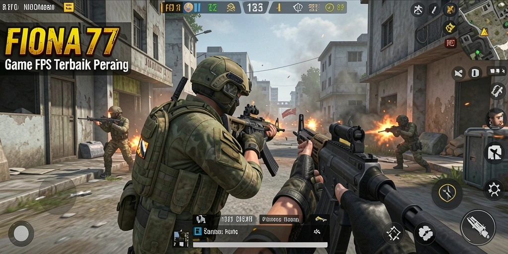 Screenshot gameplay FIONA77 yang menunjukkan aksi tembak-menembak yang intens.