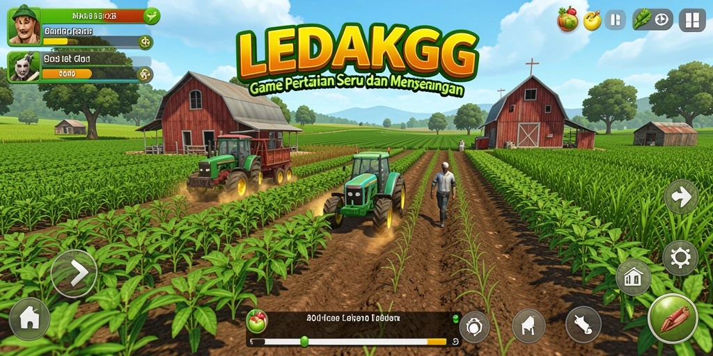Tampilan gameplay LEDAKGG yang menarik dalam suasana pertanian.