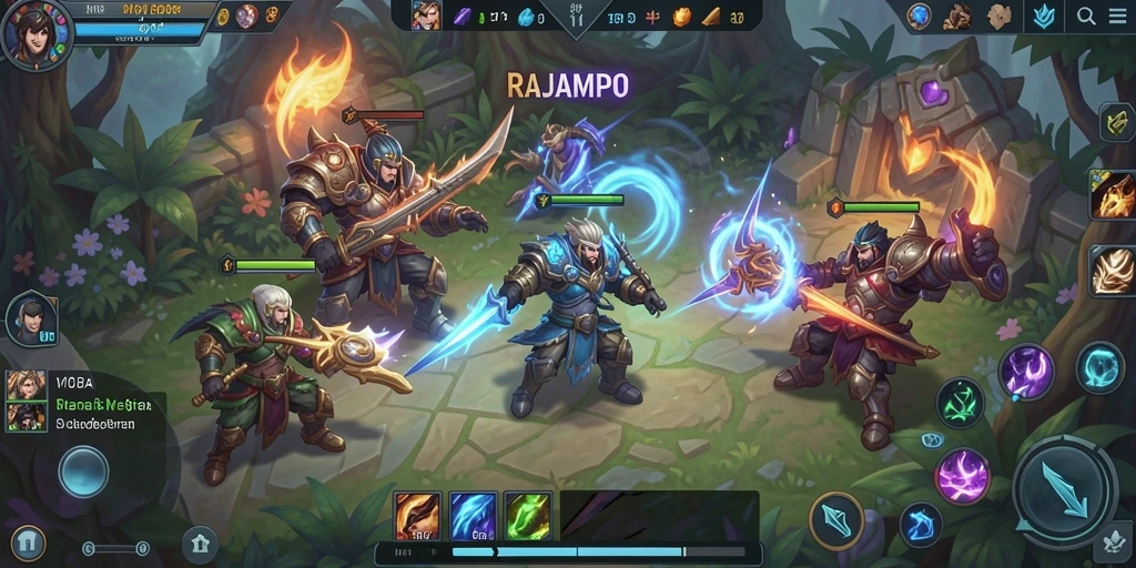 Tangkapan layar gameplay RAJAMPO menampilkan pertarungan seru antar karakter MOBA.