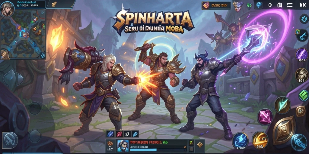 Tampilan gameplay seru dalam SPINHARTA dengan aksi MOBA yang mendebarkan.