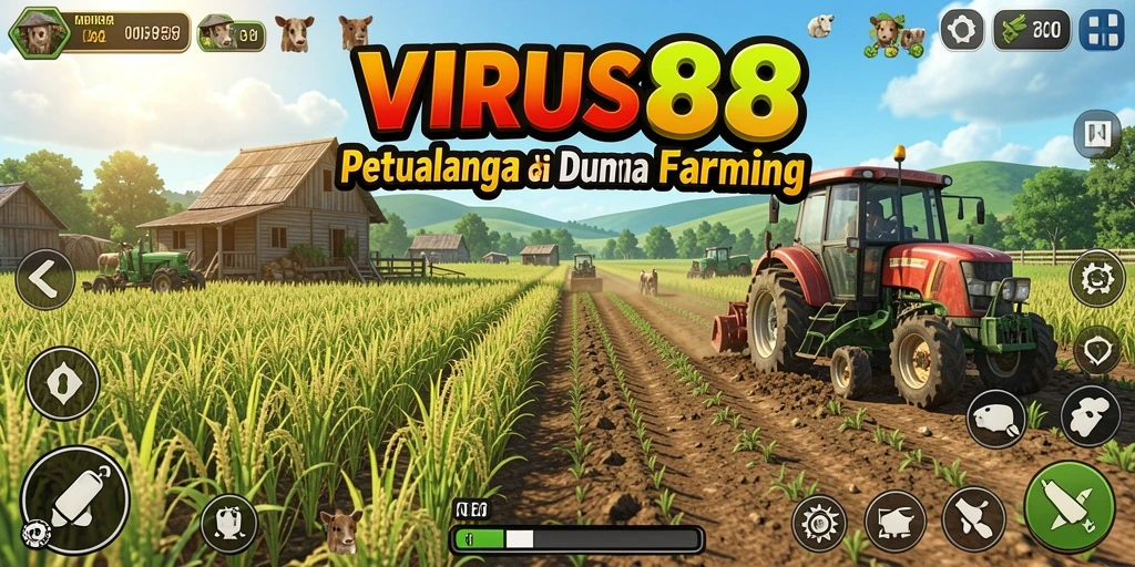 Screenshot gameplay VIRUS88 menampilkan ladang yang rimbun dengan berbagai tanaman.